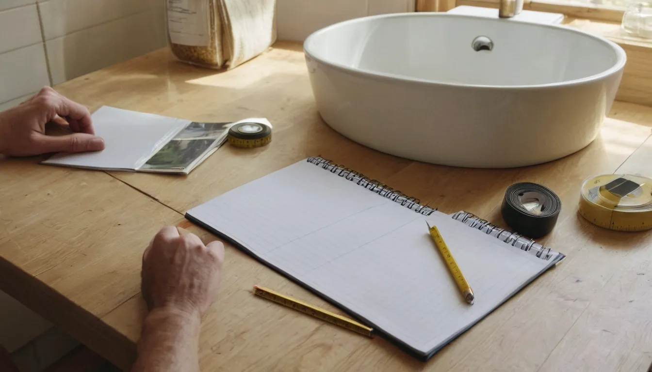 Tape measure, notepad and phone photos laid out for a bathroom estimate in the Ontario area