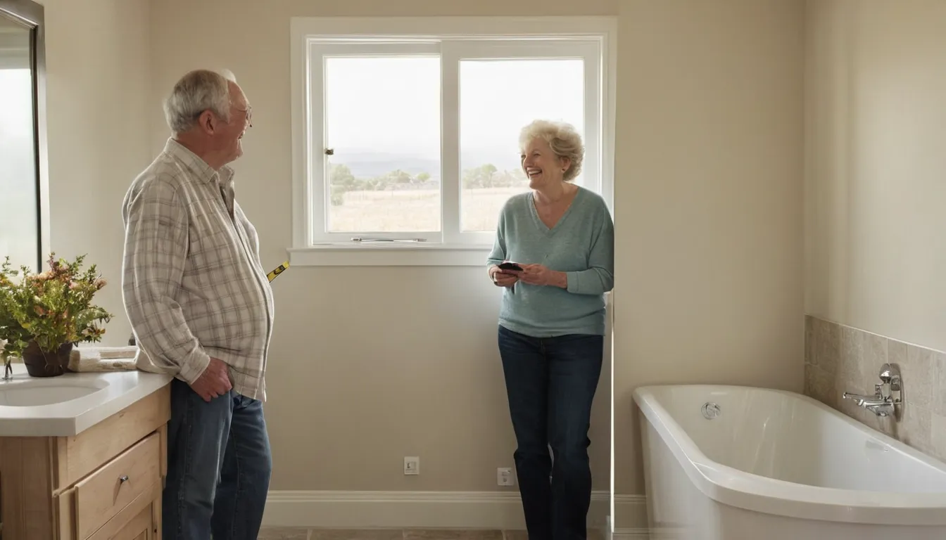 A senior homeowner and a provider reviewing measurements beside a walk-in tub in a bright Ontario bathroom